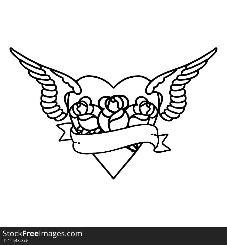 tattoo in black line style of heart with wings flowers and banner. tattoo in black line style of heart with wings flowers and banner