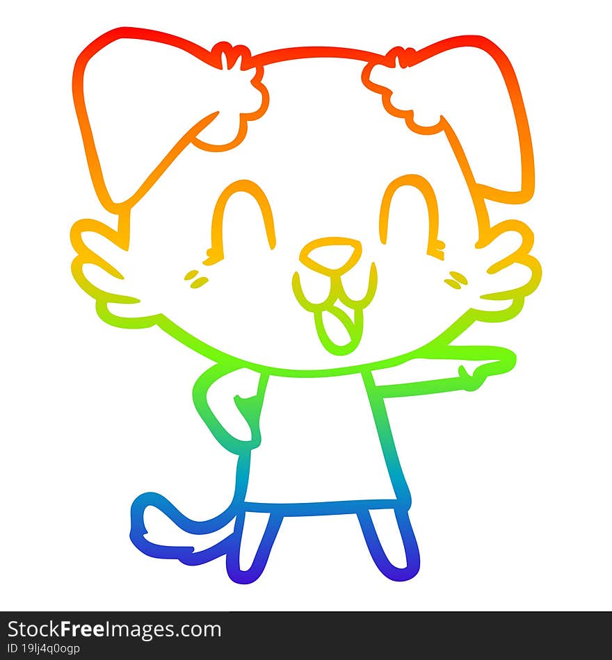 rainbow gradient line drawing of a laughing cartoon dog in dress