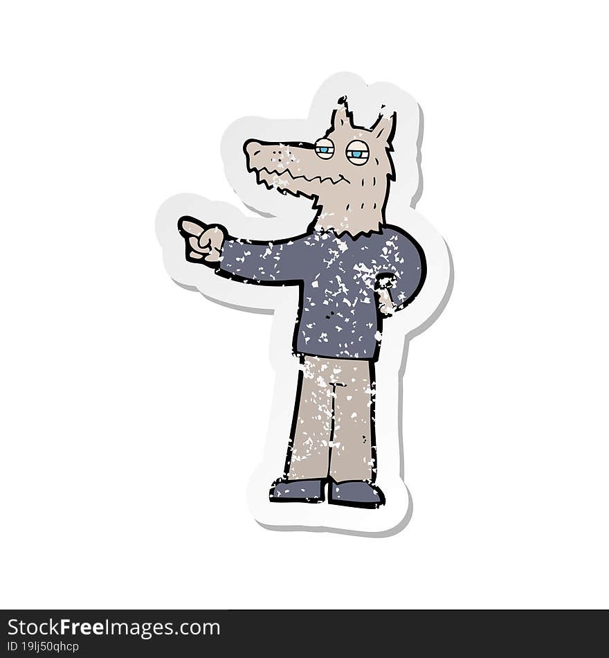 Retro Distressed Sticker Of A Cartoon Pointing Wolf Man