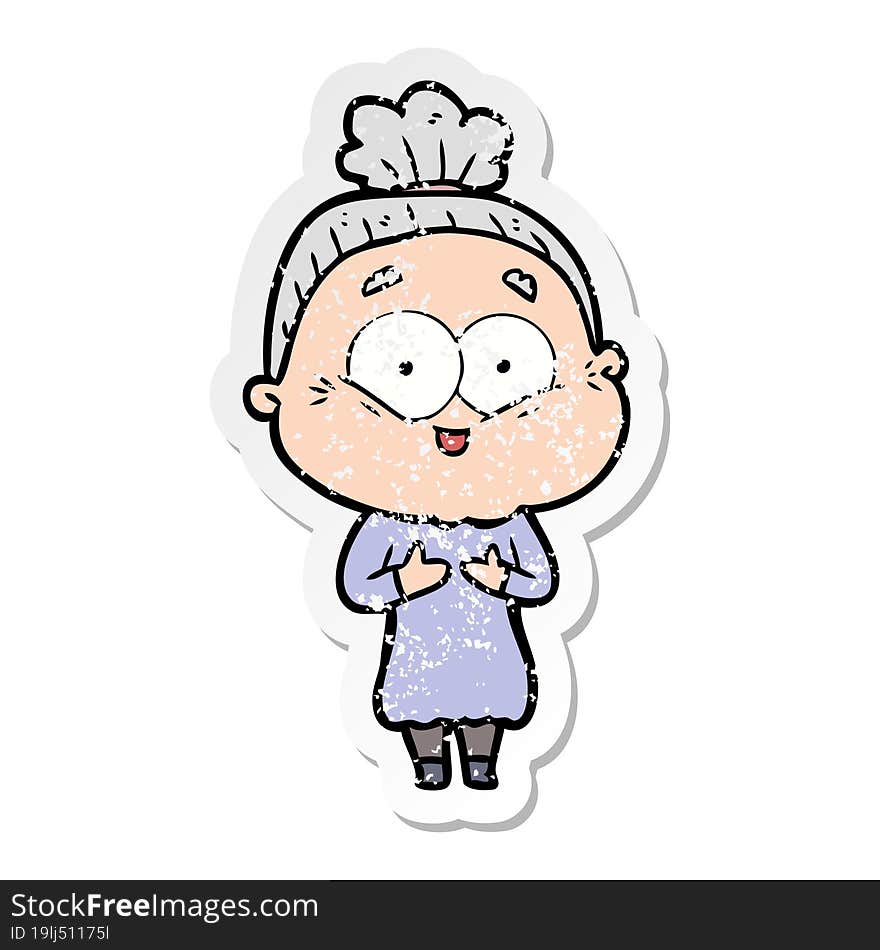 distressed sticker of a cartoon happy old woman