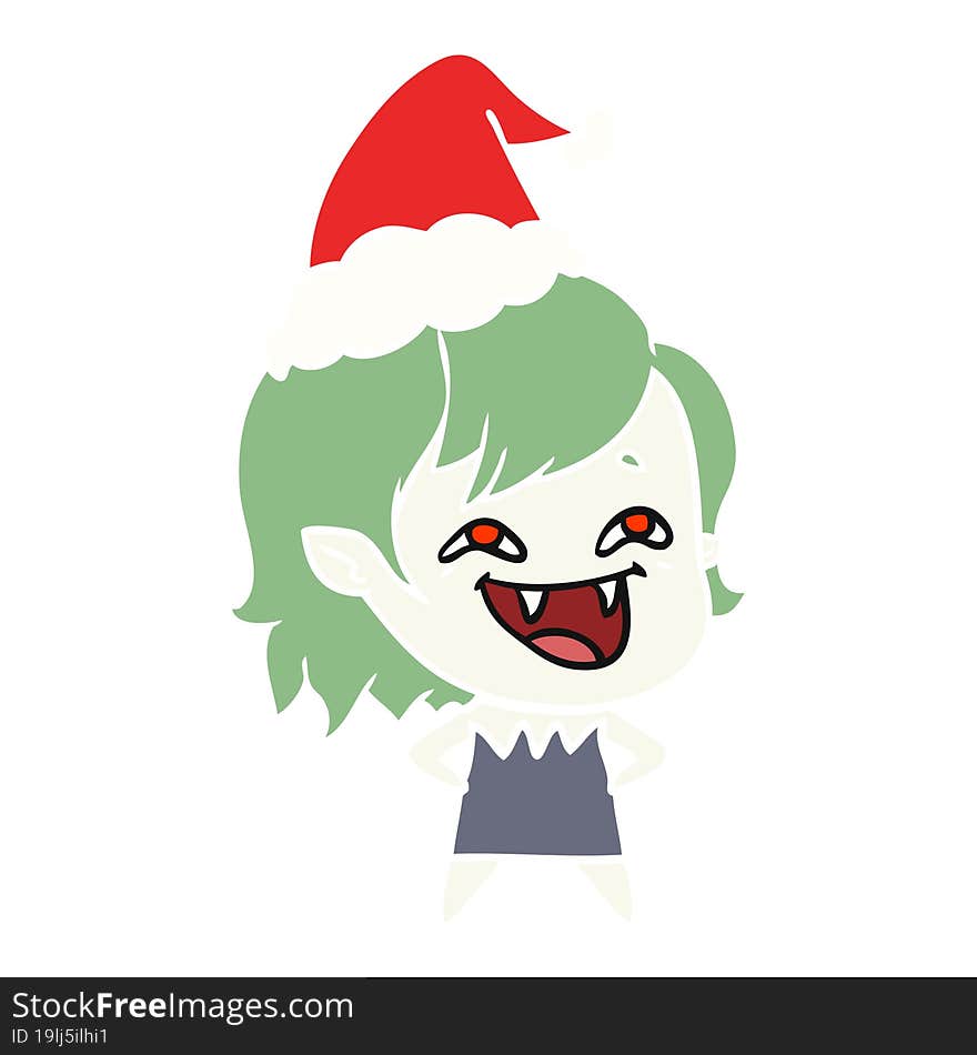 flat color illustration of a laughing vampire girl wearing santa hat