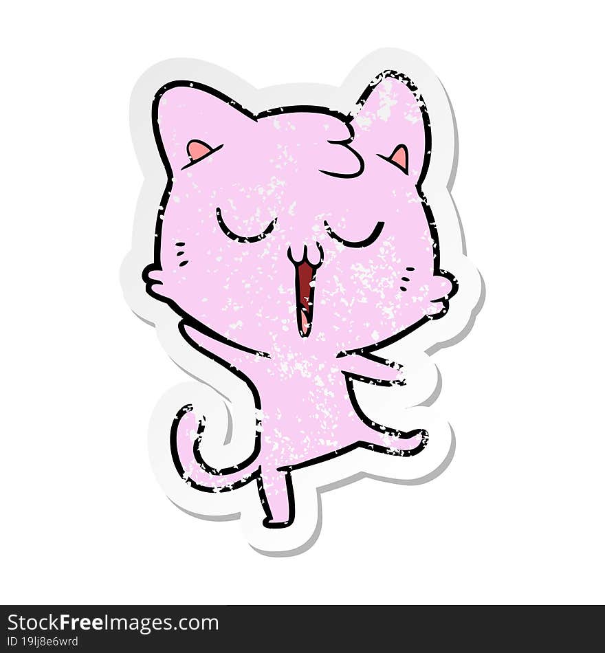 distressed sticker of a cartoon cat singing