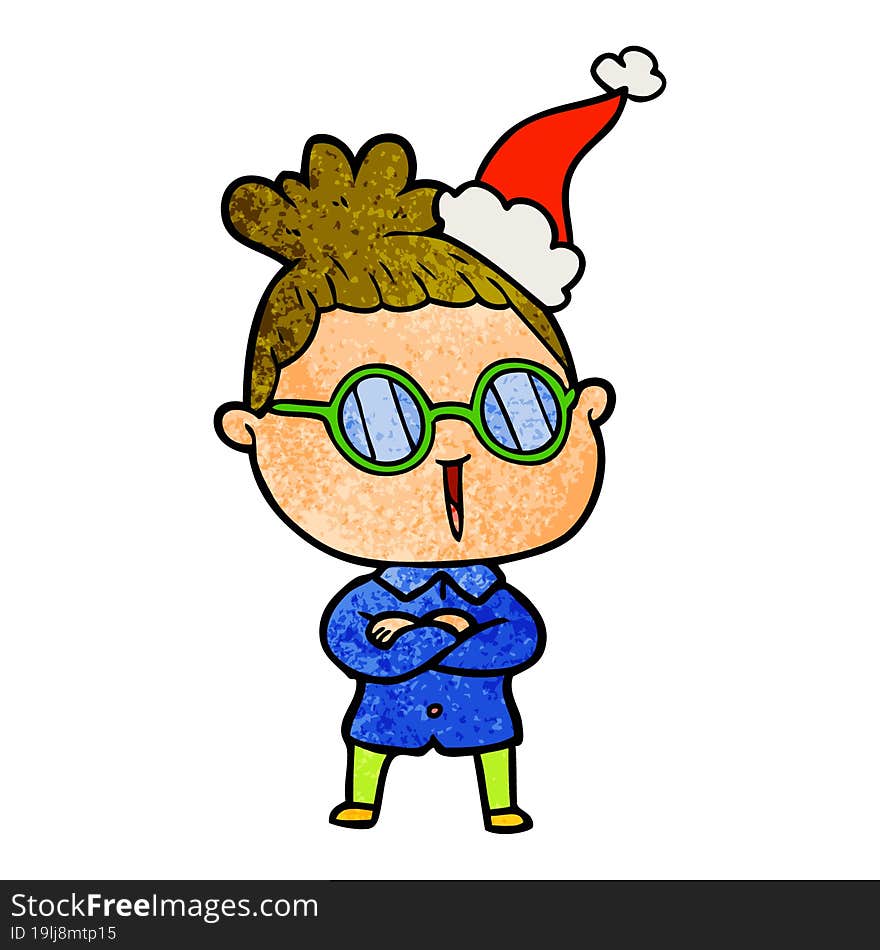 hand drawn textured cartoon of a woman wearing spectacles wearing santa hat