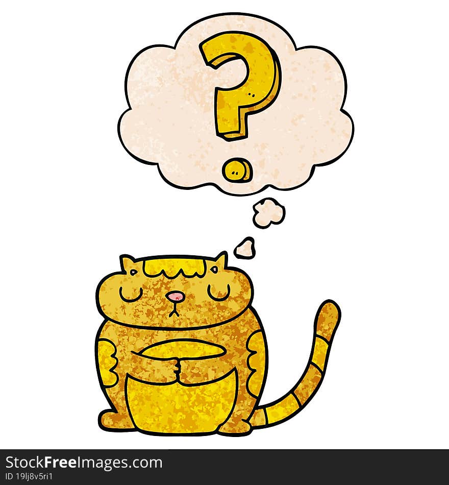 Cartoon Cat With Question Mark And Thought Bubble In Grunge Texture Pattern Style