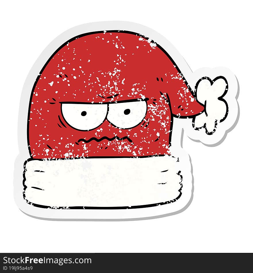 Distressed Sticker Of A Cartoon Annoyed Christmas Santa Hat