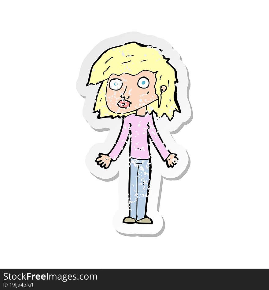 retro distressed sticker of a cartoon girl shrugging shoulders