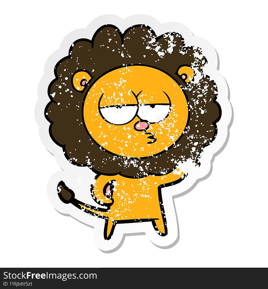 distressed sticker of a cartoon bored lion