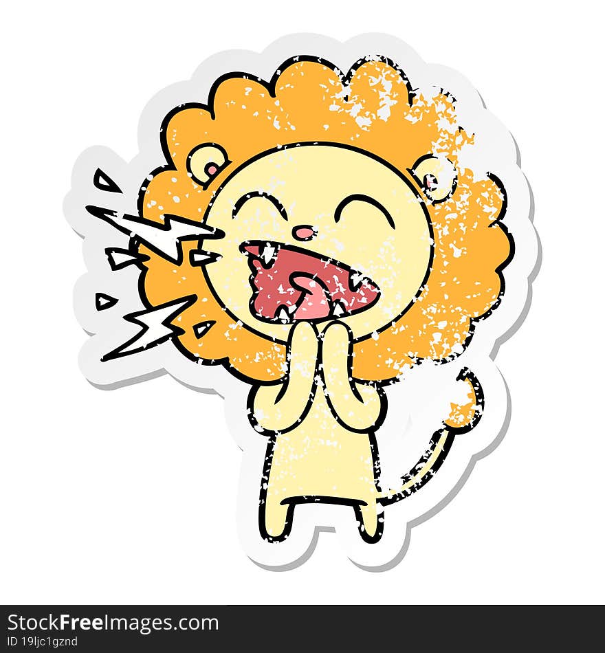 distressed sticker of a cartoon roaring lion