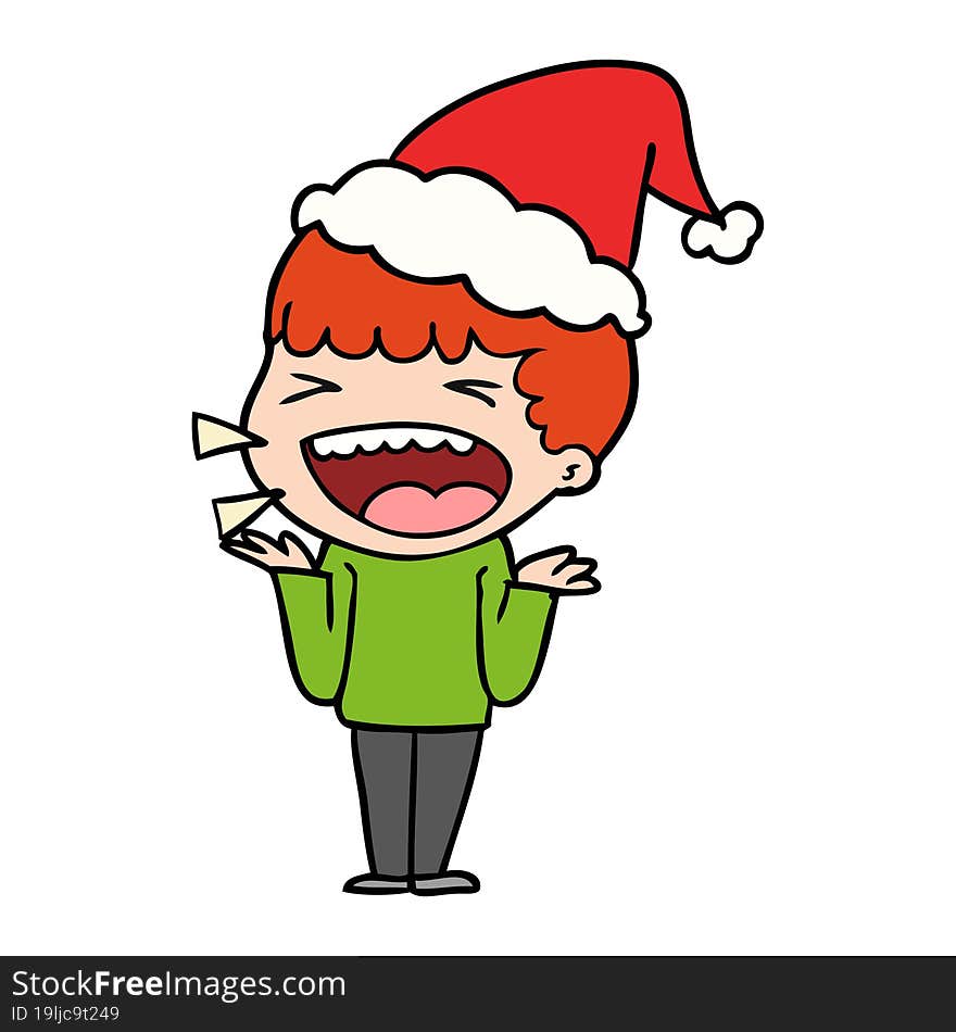 hand drawn line drawing of a laughing man wearing santa hat