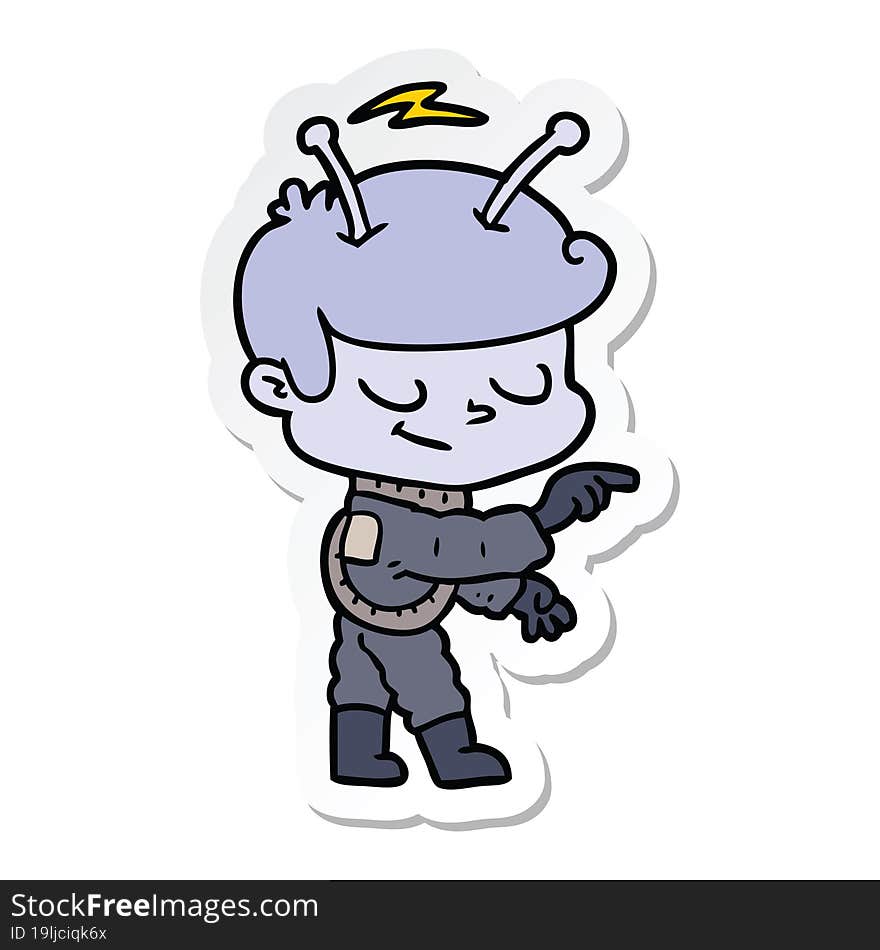 sticker of a friendly cartoon spaceman pointing