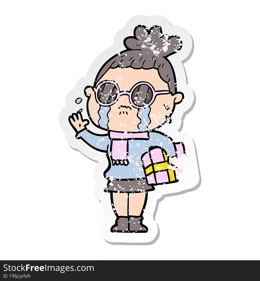 distressed sticker of a cartoon crying woman wearing spectacles