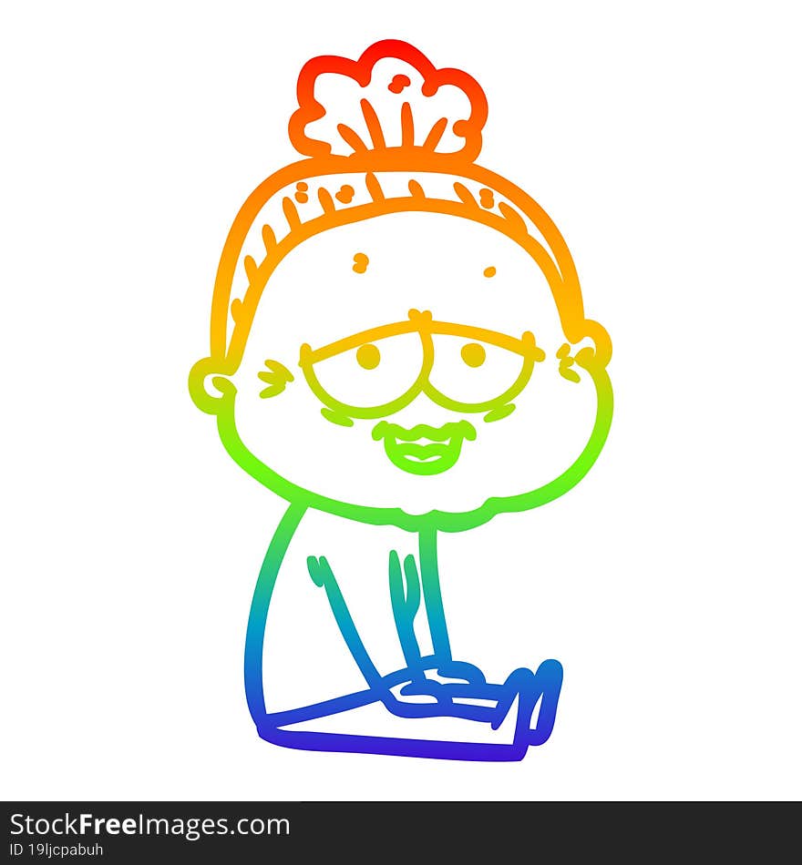 rainbow gradient line drawing of a cartoon happy old lady