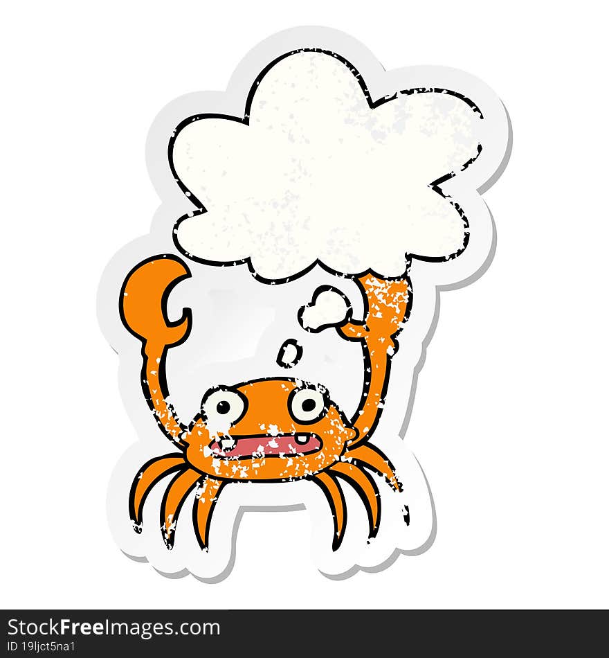 cartoon crab and thought bubble as a distressed worn sticker