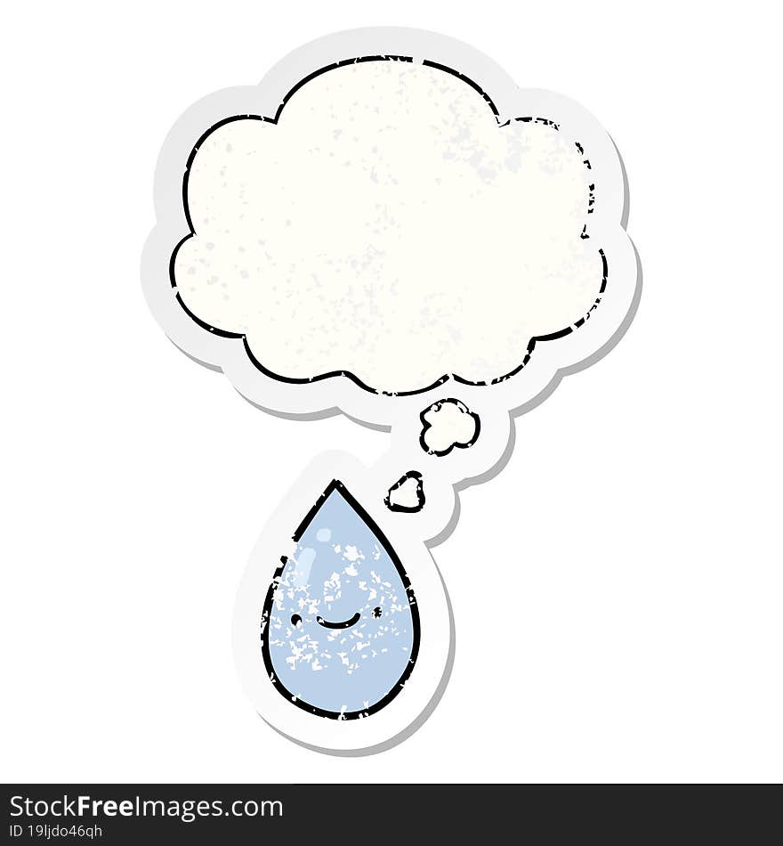 cartoon raindrop and thought bubble as a distressed worn sticker