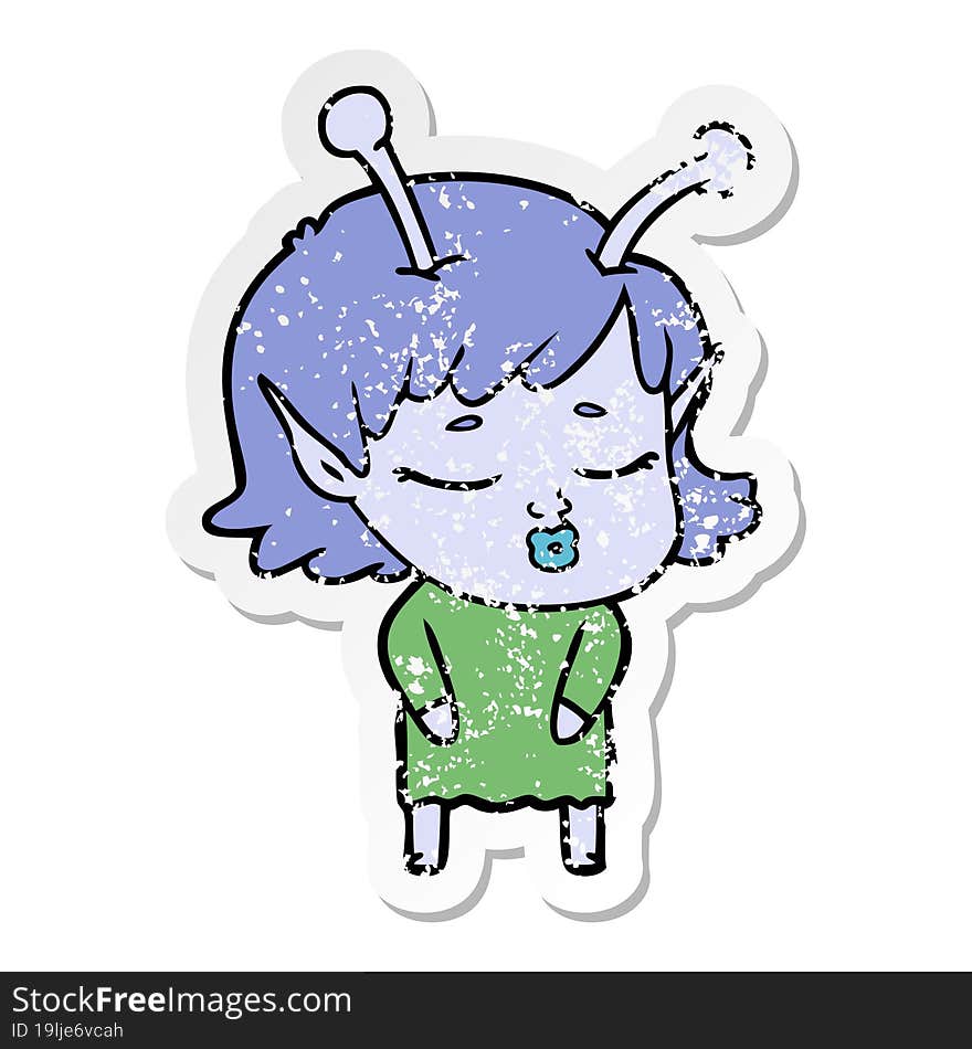 distressed sticker of a cute alien girl cartoon