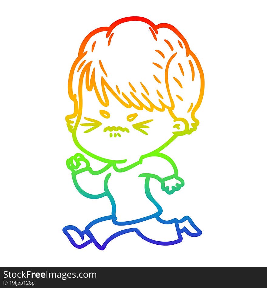 rainbow gradient line drawing of a cartoon frustrated woman