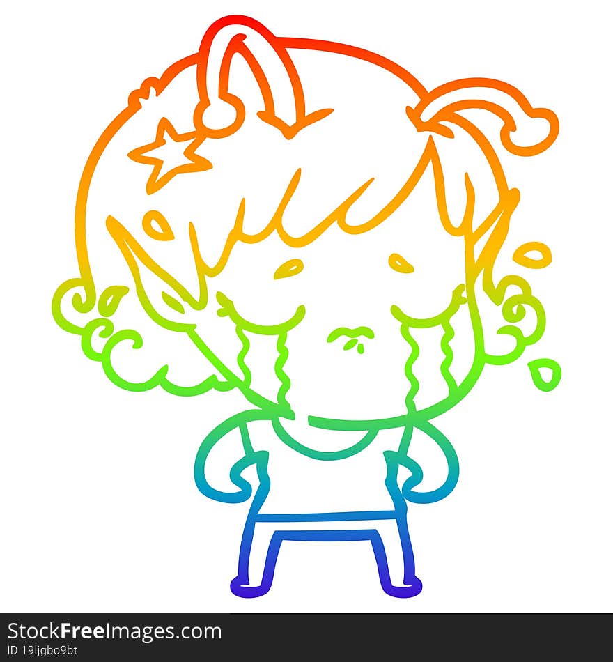 rainbow gradient line drawing cartoon crying alien girl