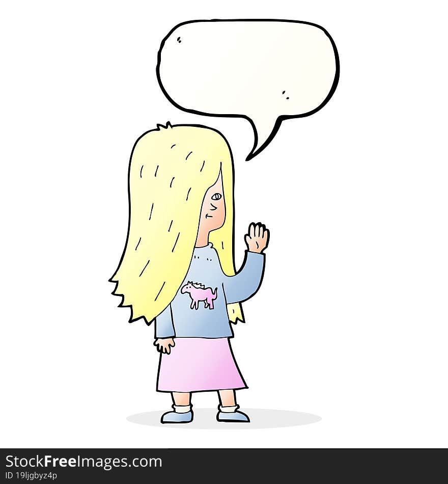 cartoon girl with pony shirt waving with speech bubble