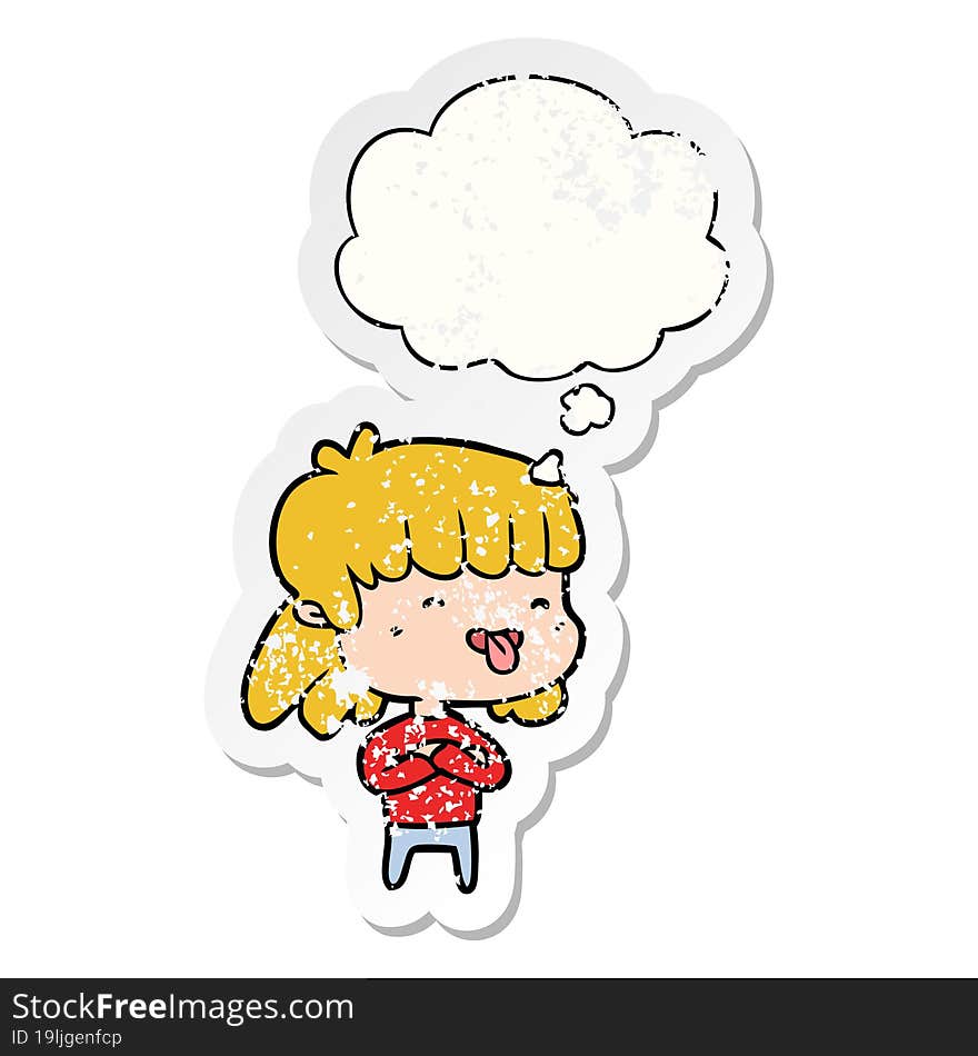 cartoon girl sticking out tongue with thought bubble as a distressed worn sticker