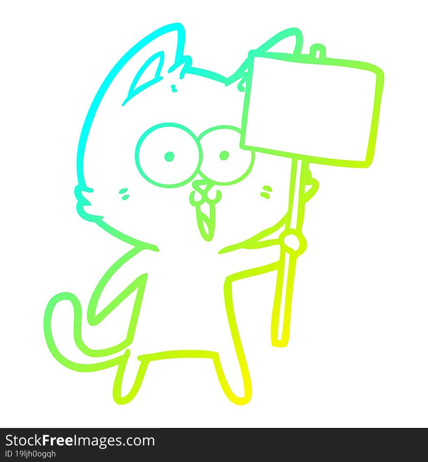 cold gradient line drawing of a funny cartoon cat with sign