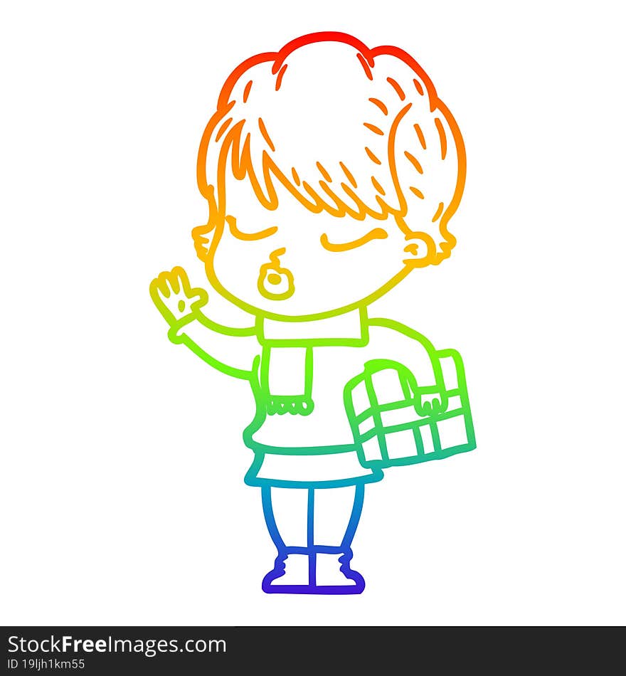 rainbow gradient line drawing cartoon woman with eyes shut