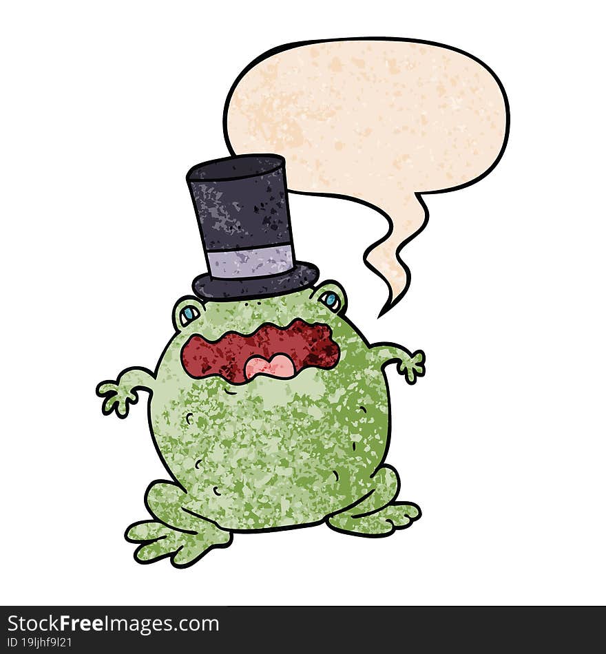 cartoon toad wearing top hat and speech bubble in retro texture style