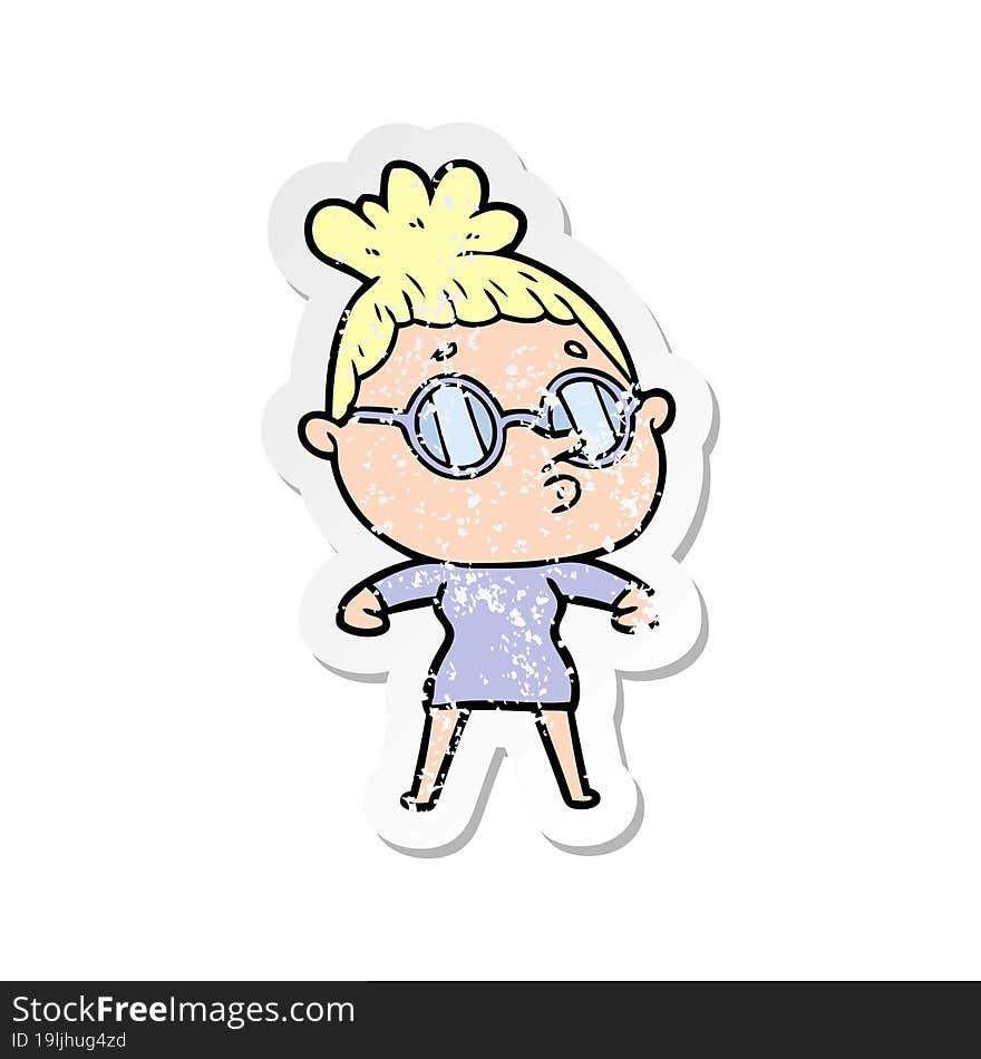 distressed sticker of a cartoon woman wearing glasses