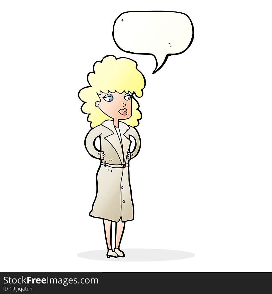 cartoon woman in trench coat with speech bubble