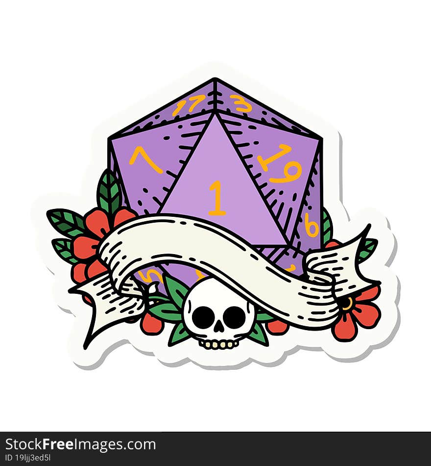 sticker of a natural one d20 dice roll. sticker of a natural one d20 dice roll