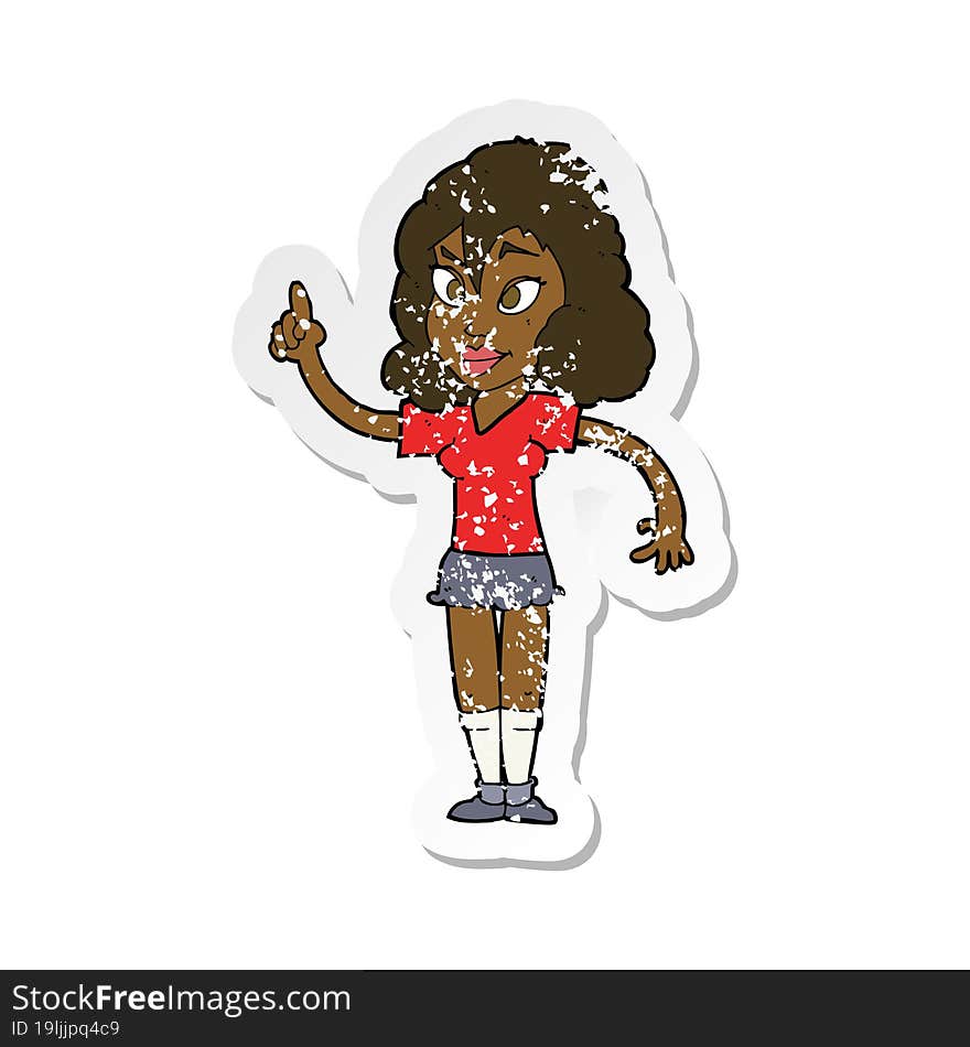 retro distressed sticker of a cartoon pretty woman with idea