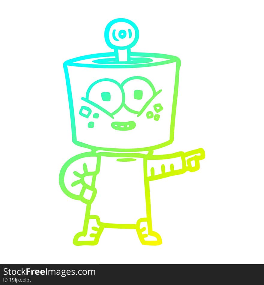 cold gradient line drawing of a happy cartoon robot pointing