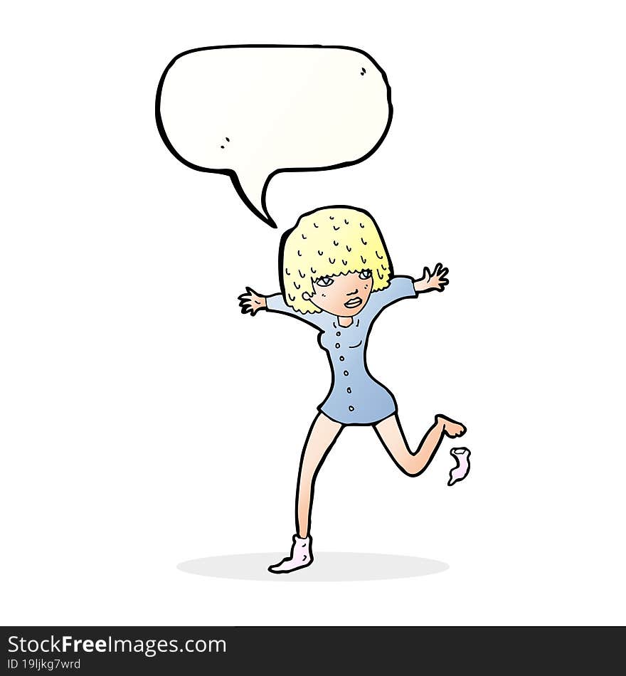 cartoon woman kicking off sock with speech bubble