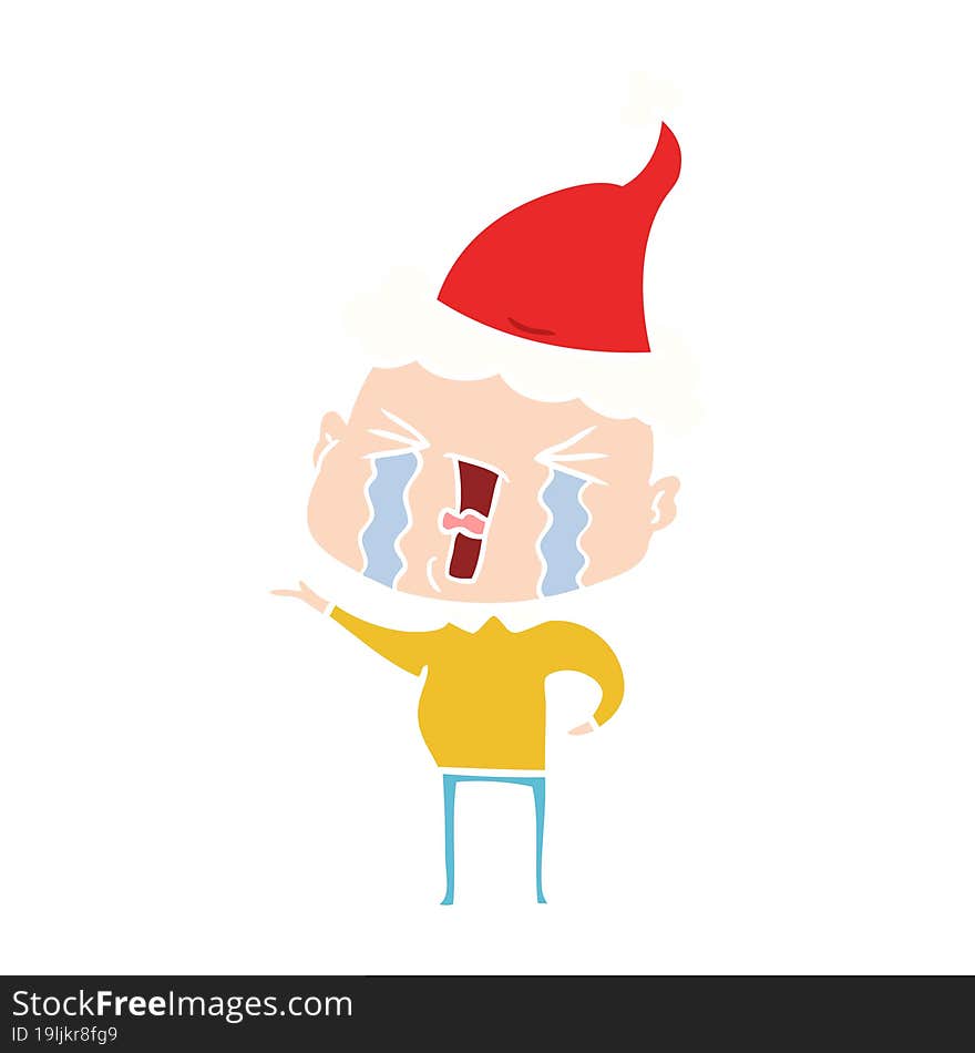 flat color illustration of a crying bald man wearing santa hat