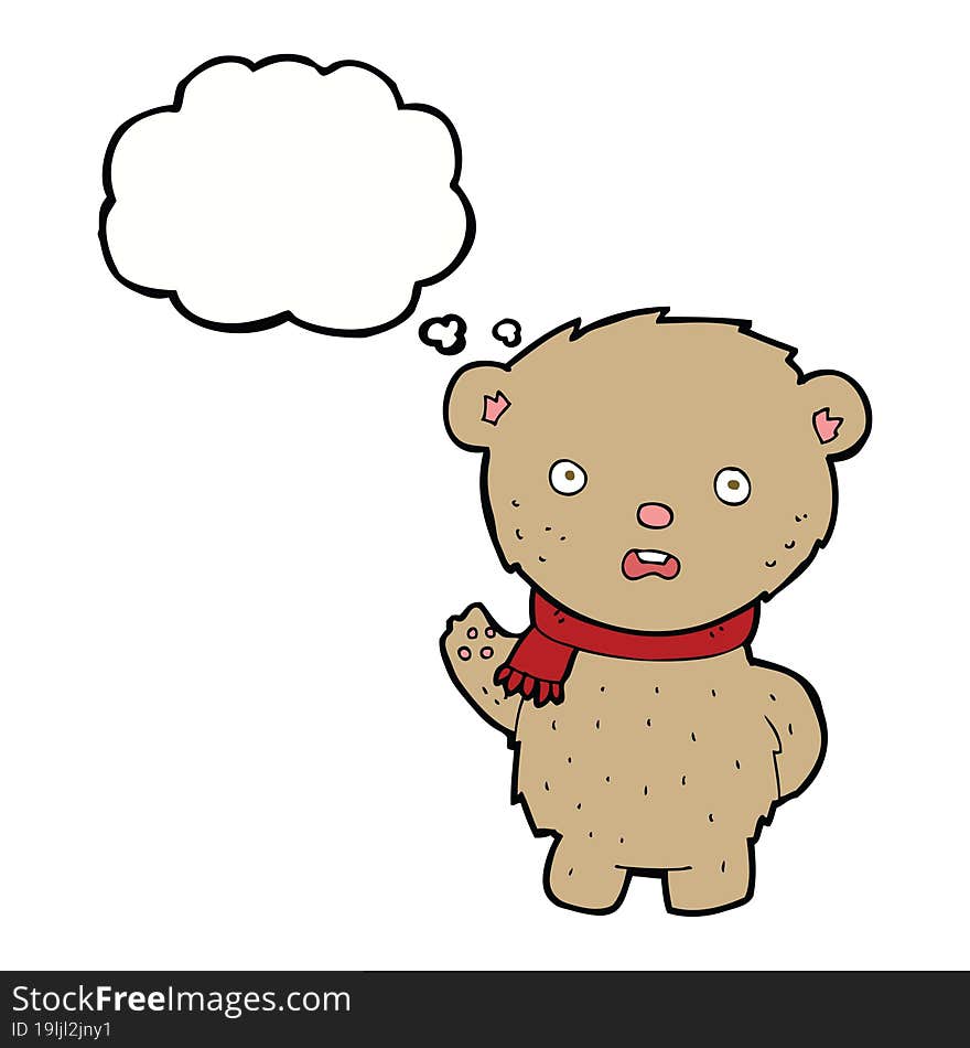 cartoon teddy bear wearing scarf with thought bubble