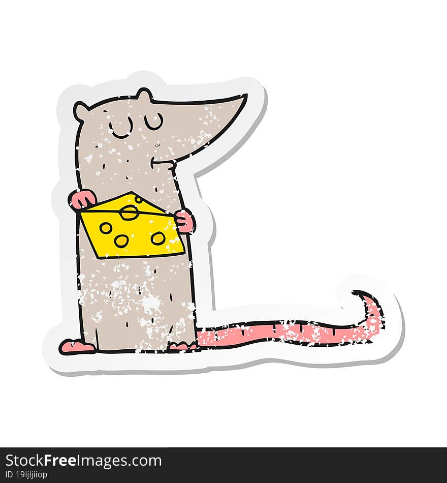 Retro Distressed Sticker Of A Cartoon Mouse With Cheese