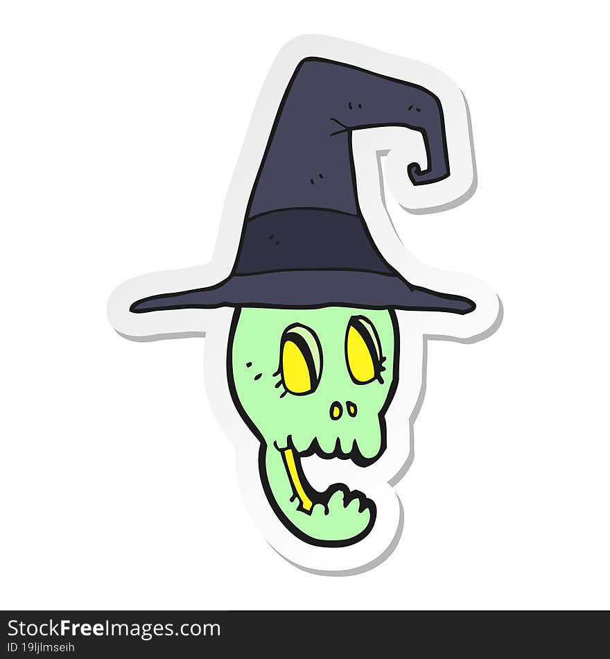 sticker of a cartoon skull wearing witch hat