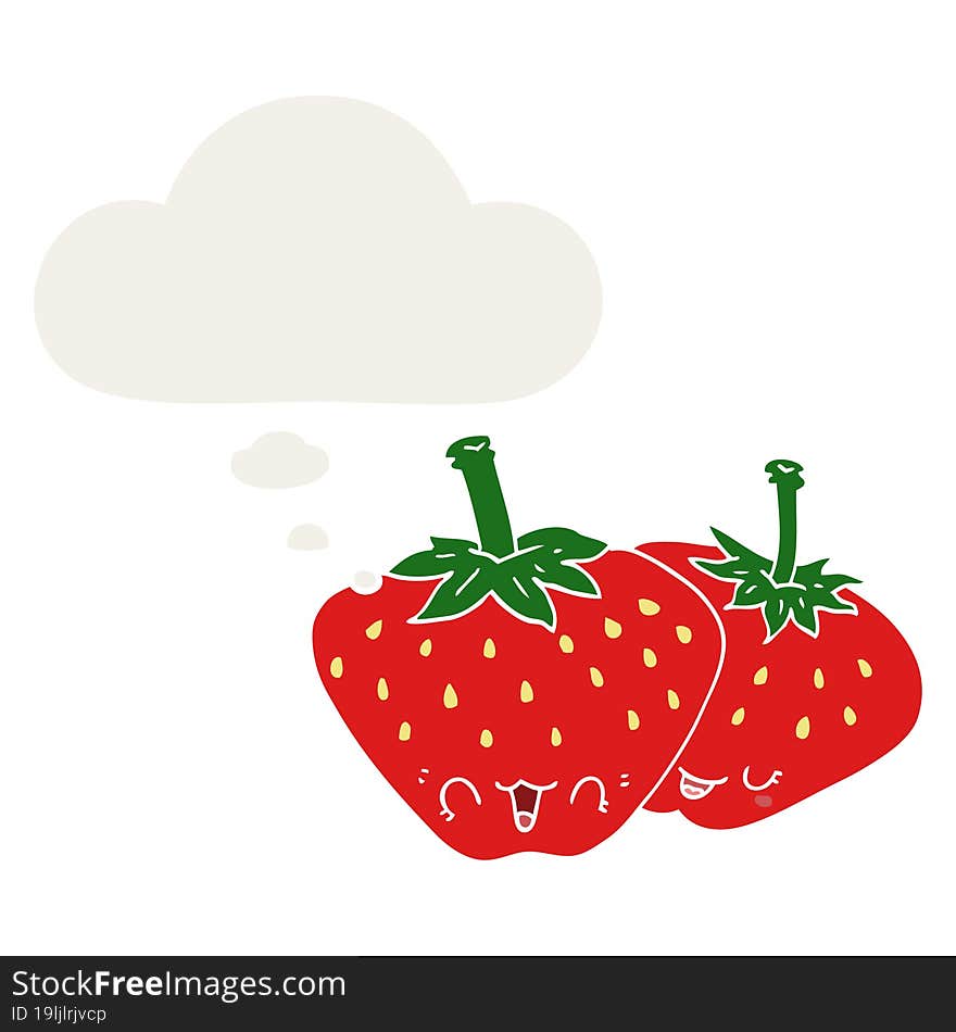 cartoon strawberries with thought bubble in retro style