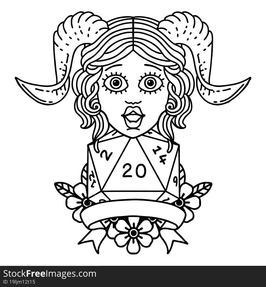 Black and White Tattoo linework Style tiefling with natural twenty dice roll. Black and White Tattoo linework Style tiefling with natural twenty dice roll