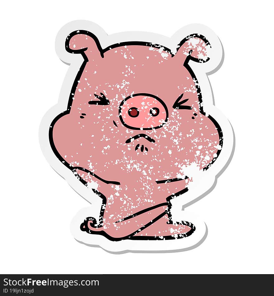 distressed sticker of a cartoon angry pig