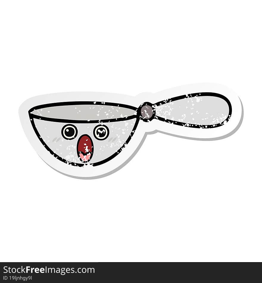 distressed sticker of a cute cartoon measuring spoon