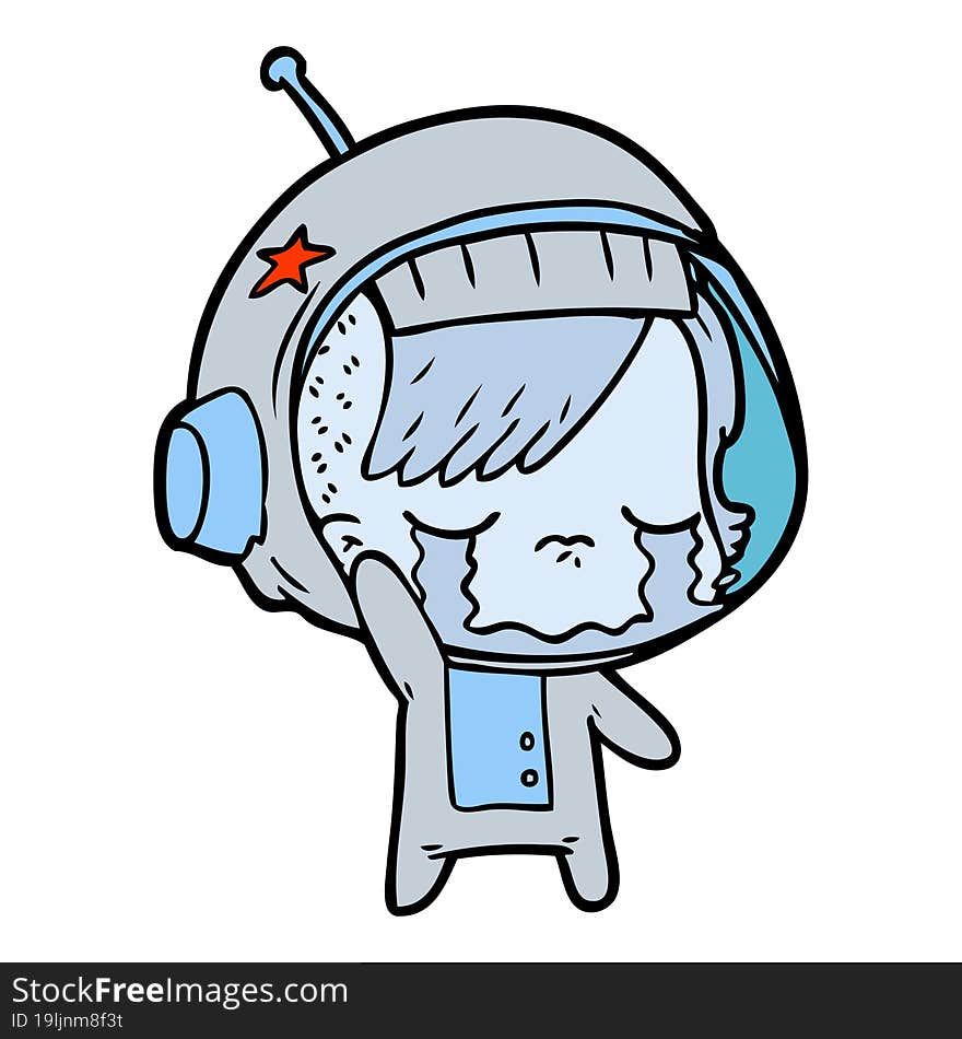 cartoon crying astronaut girl waving goodbye. cartoon crying astronaut girl waving goodbye