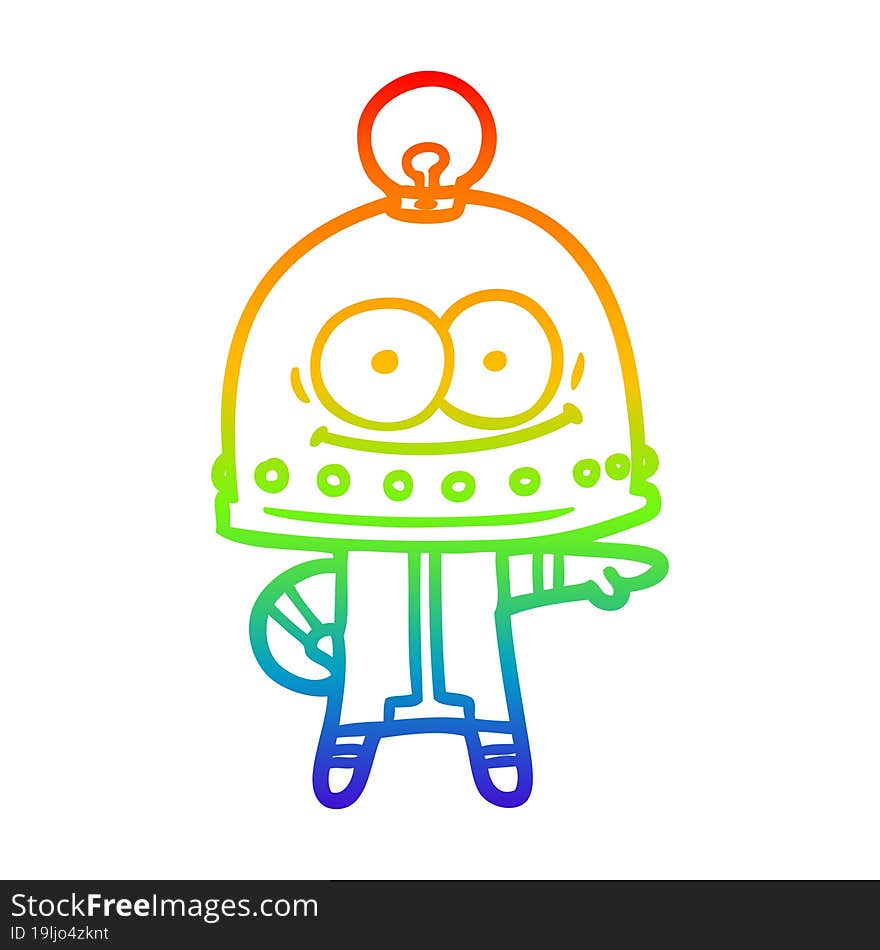 rainbow gradient line drawing of a happy carton robot with light bulb