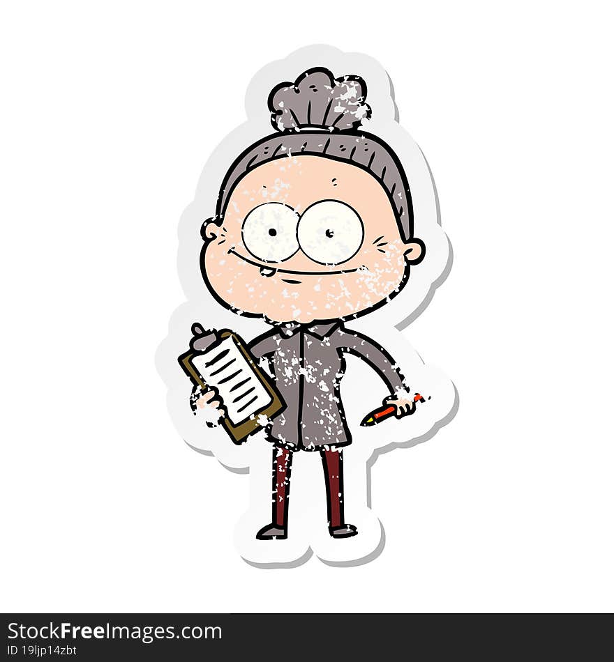 distressed sticker of a cartoon happy old woman