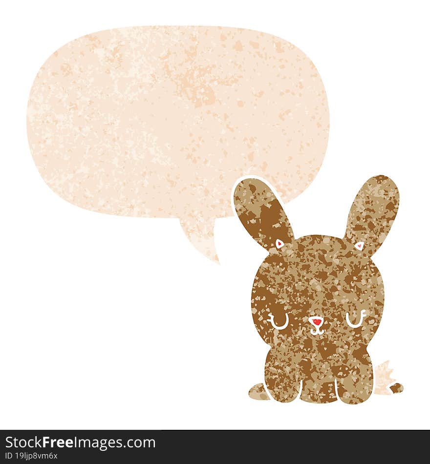 cute cartoon rabbit and speech bubble in retro textured style