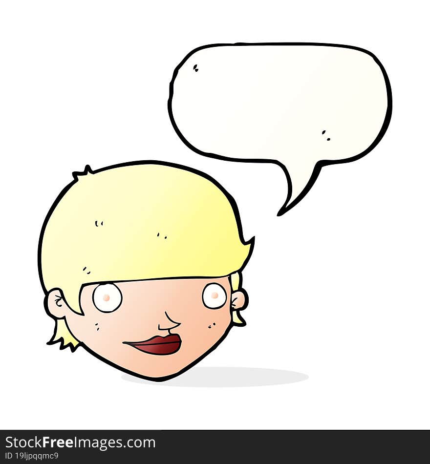 cartoon happy female face with speech bubble