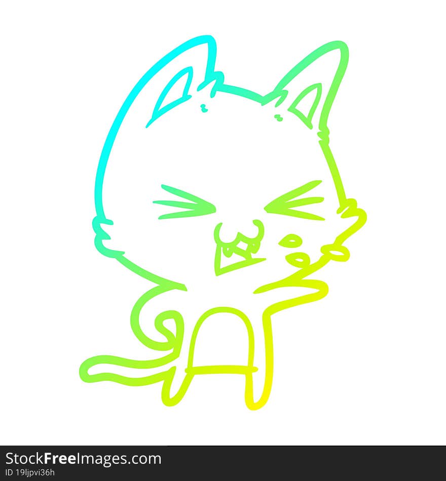 cold gradient line drawing of a cartoon cat hissing