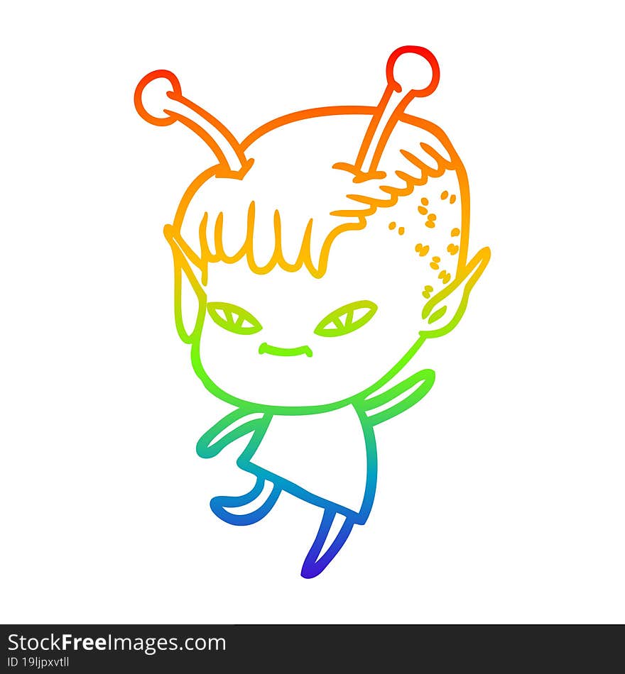 rainbow gradient line drawing of a cute cartoon alien girl