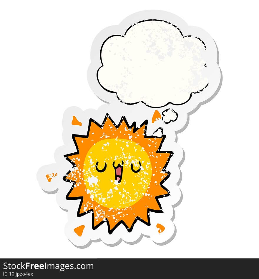 cartoon sun with thought bubble as a distressed worn sticker