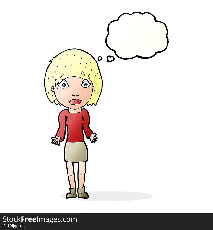 cartoon woman shrugging shoulders with thought bubble