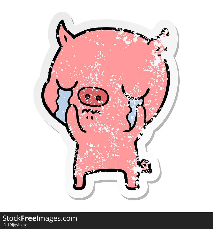 distressed sticker of a cartoon pig crying